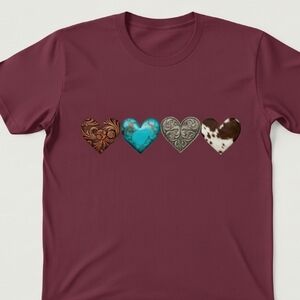 Western Valentine Heart Tee • Cowhide Turquoise Leather Silver Hearts • Country